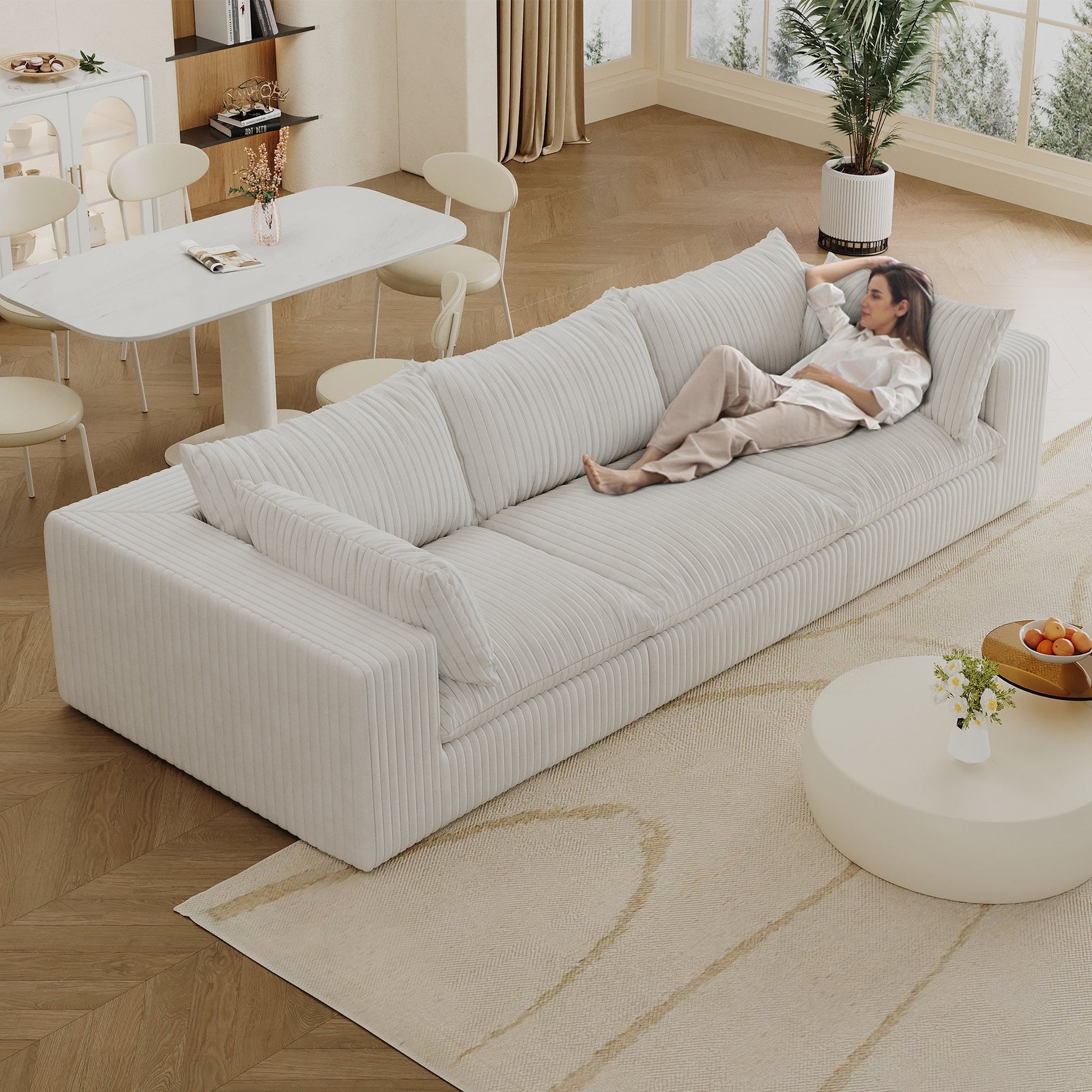 118.2' Cloud Sofa,Corduroy Fabric,Deep Seat Couches,Double - layer design,Removable Cushion,No Assembly, DIY Combination for Living room, Bedroom,Conference room ,Apartment,White - 1st Choice Furniture Direct