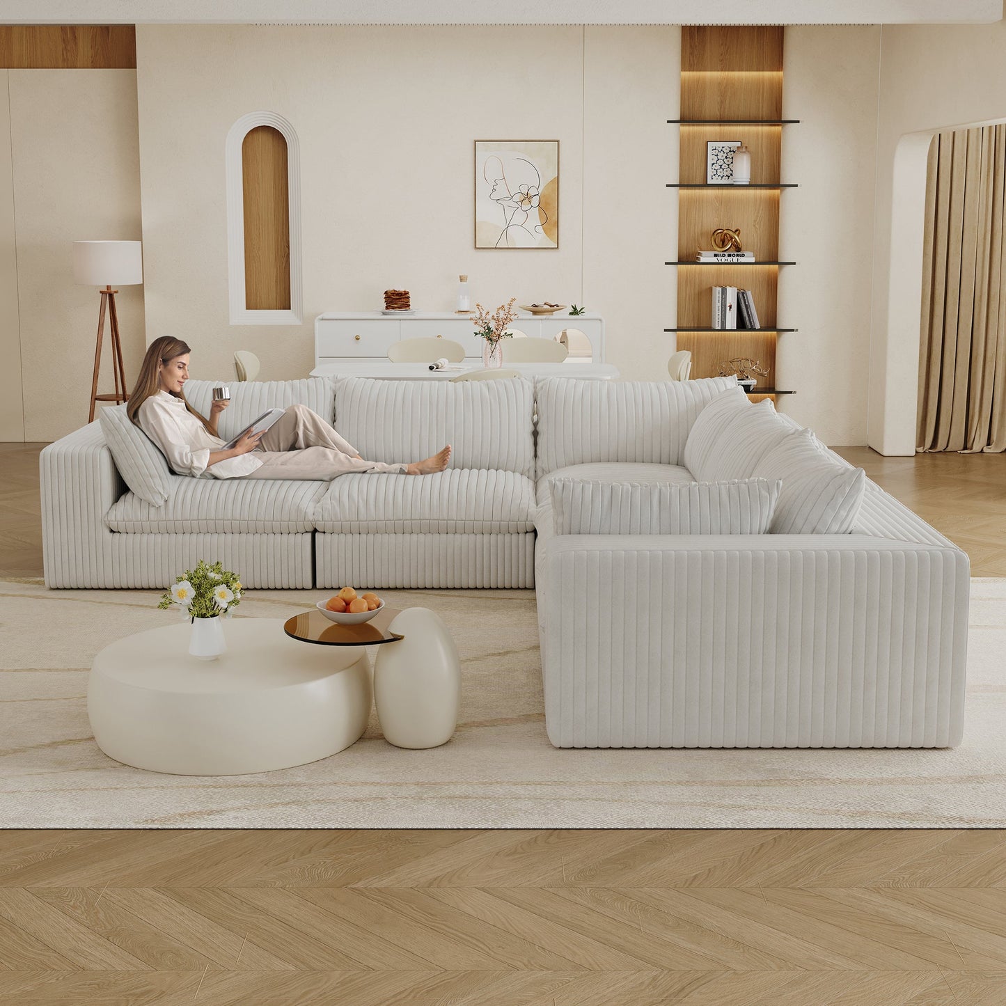 118.2' Cloud Sofa,Corduroy Fabric,Deep Seat Couches,Double - layer design,Removable Cushion,No Assembly, DIY Combination for Living room, Bedroom,Conference room ,Apartment,WHITE - 1st Choice Furniture Direct