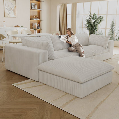 118.2' Cloud Sofa,Corduroy Fabric,Deep Seat Couches,Double - layer design,Removable Cushion,No Assembly, DIY Combination for Living room, Bedroom,Conference room ,Apartment,White - 1st Choice Furniture Direct