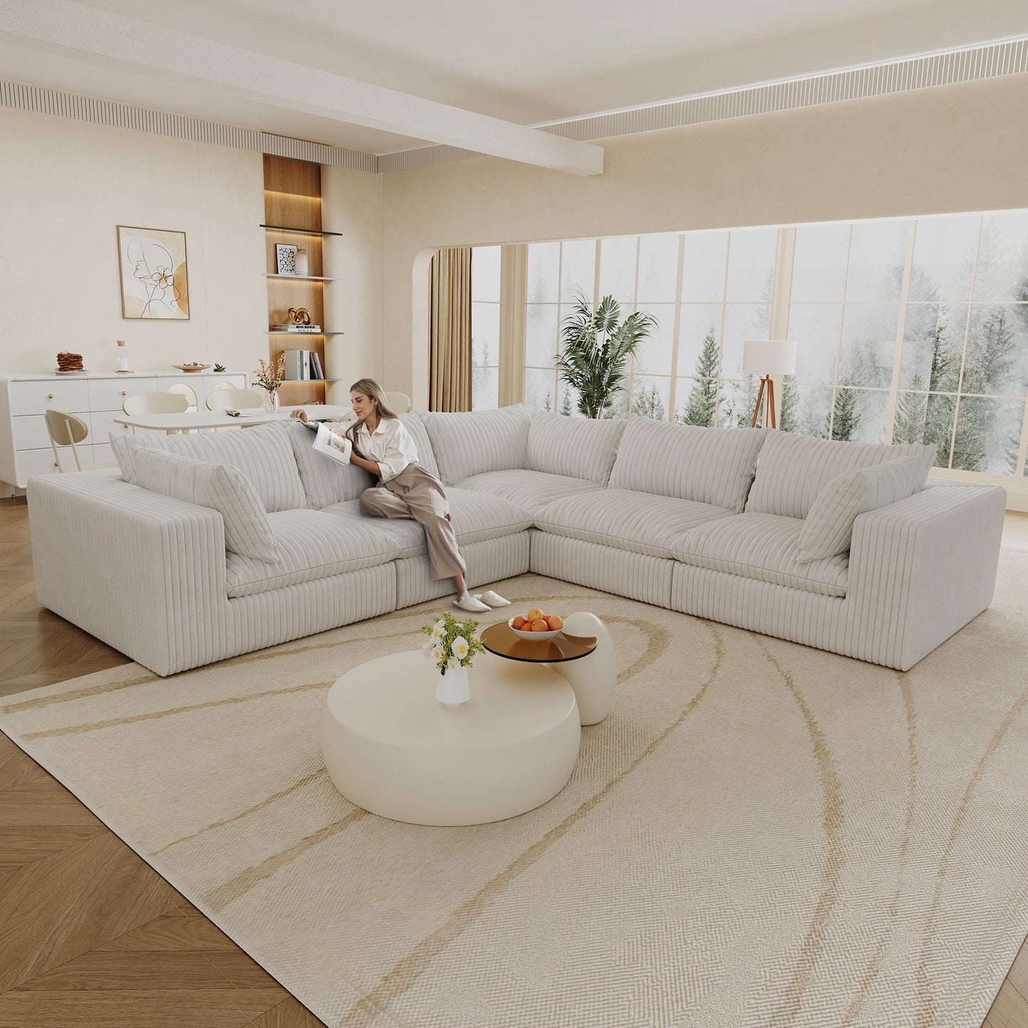118.2' Cloud Sofa,Corduroy Fabric,Deep Seat Couches,Double - layer design,Removable Cushion,No Assembly, DIY Combination for Living room, Bedroom,Conference room ,Apartment,WHITE - 1st Choice Furniture Direct