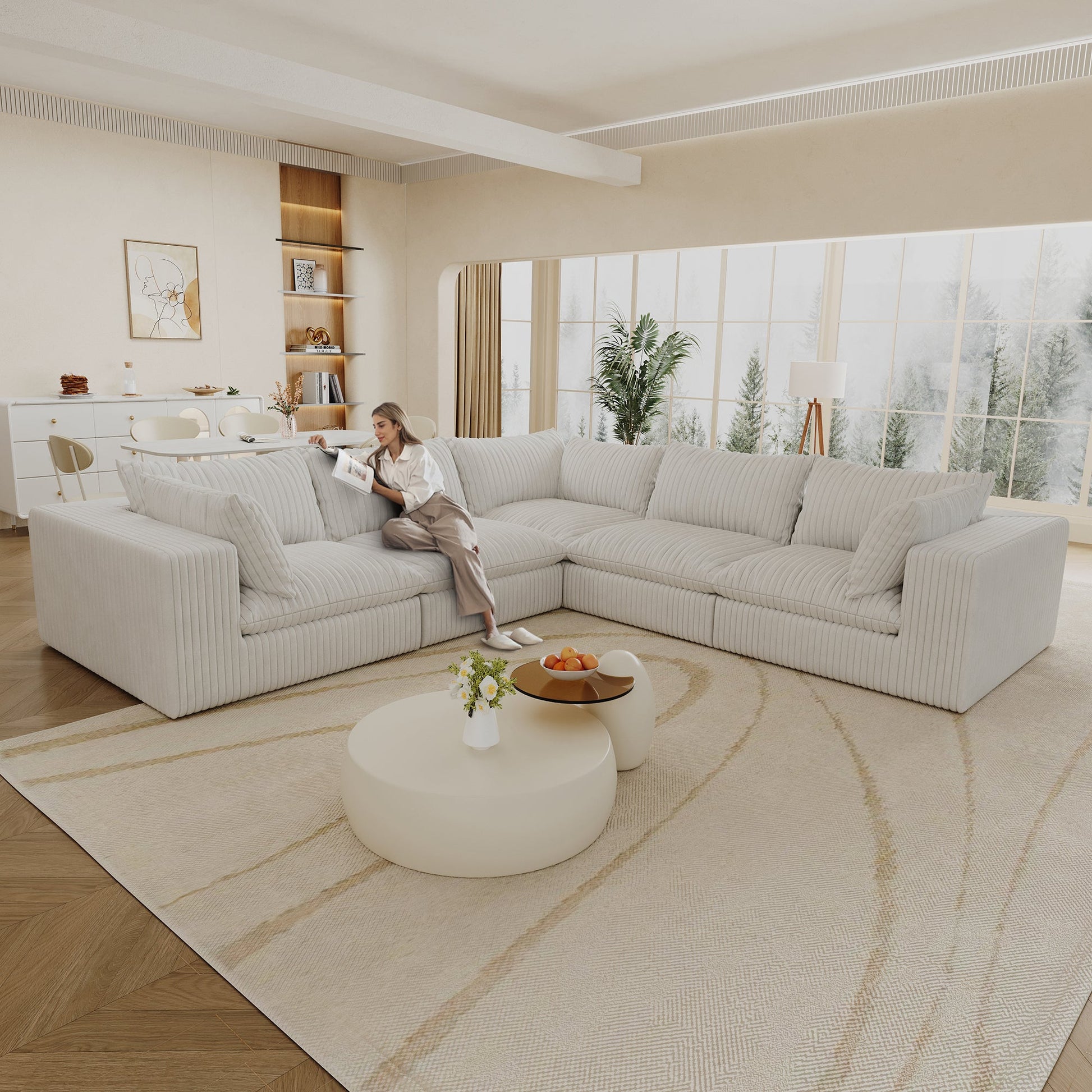 118.2' Cloud Sofa,Corduroy Fabric,Deep Seat Couches,Double - layer design,Removable Cushion,No Assembly, DIY Combination for Living room, Bedroom,Conference room ,Apartment,WHITE - 1st Choice Furniture Direct