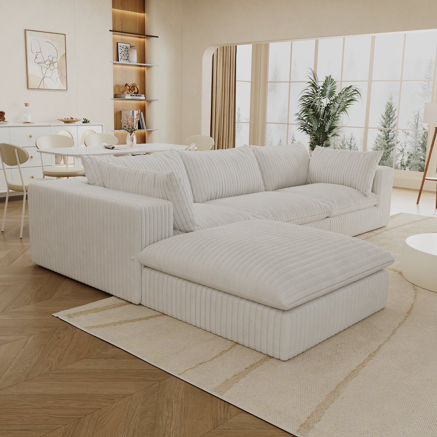 118.2' Cloud Sofa,Corduroy Fabric,Deep Seat Couches,Double - layer design,Removable Cushion,No Assembly, DIY Combination for Living room, Bedroom,Conference room ,Apartment,White - 1st Choice Furniture Direct