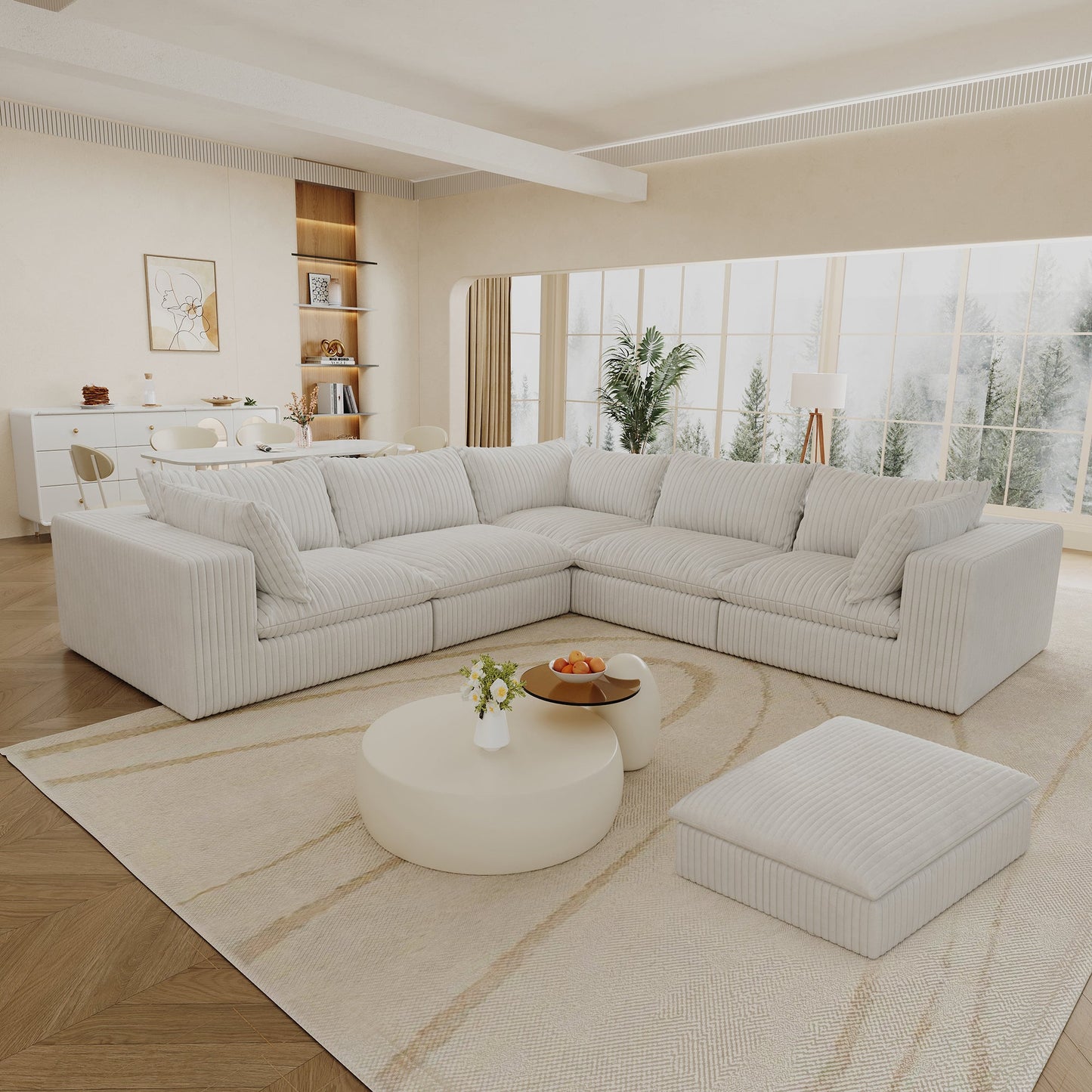 118.2' Cloud Sofa,Corduroy Fabric,Deep Seat Couches,Double - layer design,Removable Cushion,No Assembly, DIY Combination for Living room, Bedroom,Conference room ,Apartment,White - 1st Choice Furniture Direct