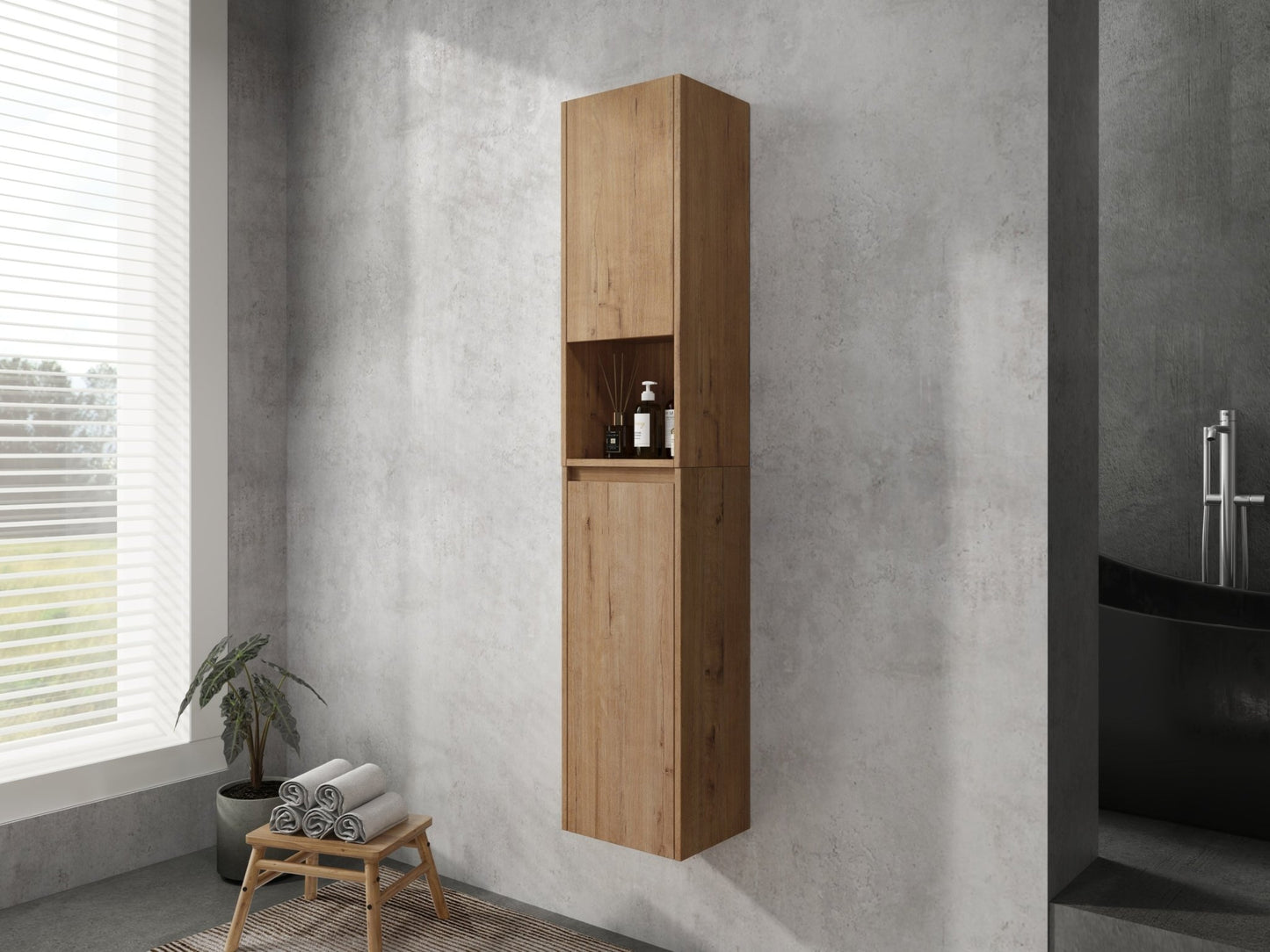 12' Bathroom Side Cabinet,Soft Close Doors,Float Mounting Design,Imitative Oak, SC00112IMO+SC00212IMO - K (KD - Packing) - 1st Choice Furniture Direct