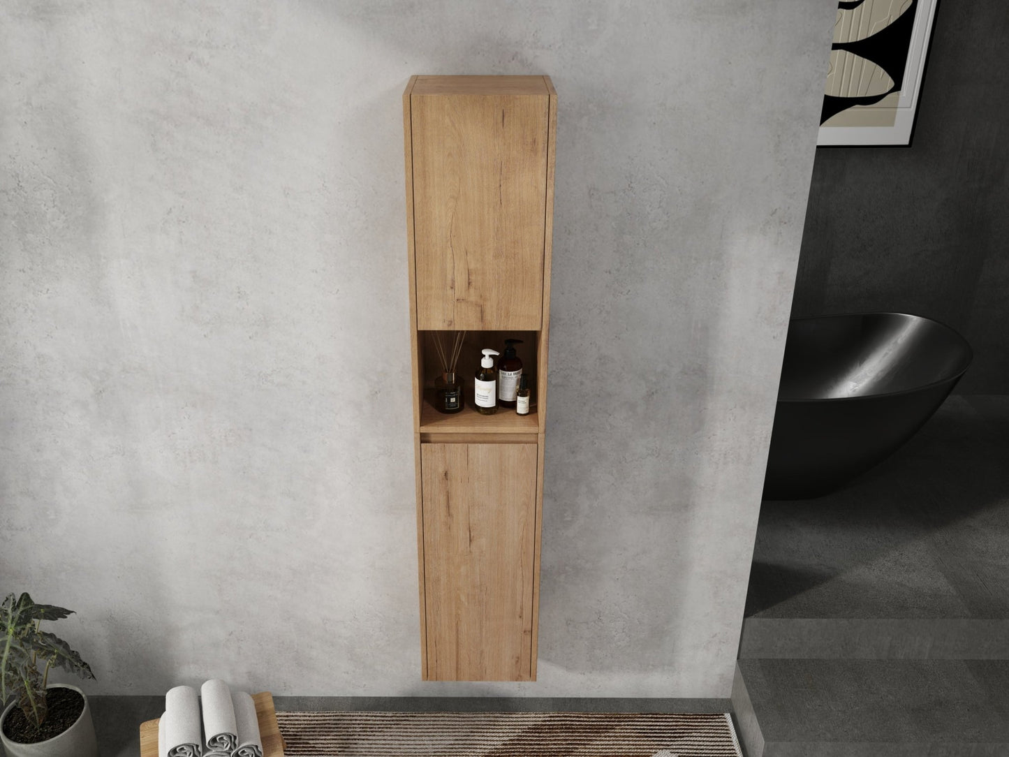 12' Bathroom Side Cabinet,Soft Close Doors,Float Mounting Design,Imitative Oak, SC00112IMO+SC00212IMO - K (KD - Packing) - 1st Choice Furniture Direct