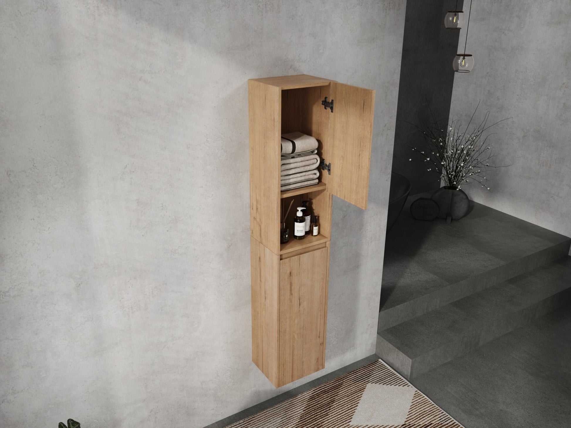 12' Bathroom Side Cabinet,Soft Close Doors,Float Mounting Design,Imitative Oak, SC00112IMO+SC00212IMO - K (KD - Packing) - 1st Choice Furniture Direct