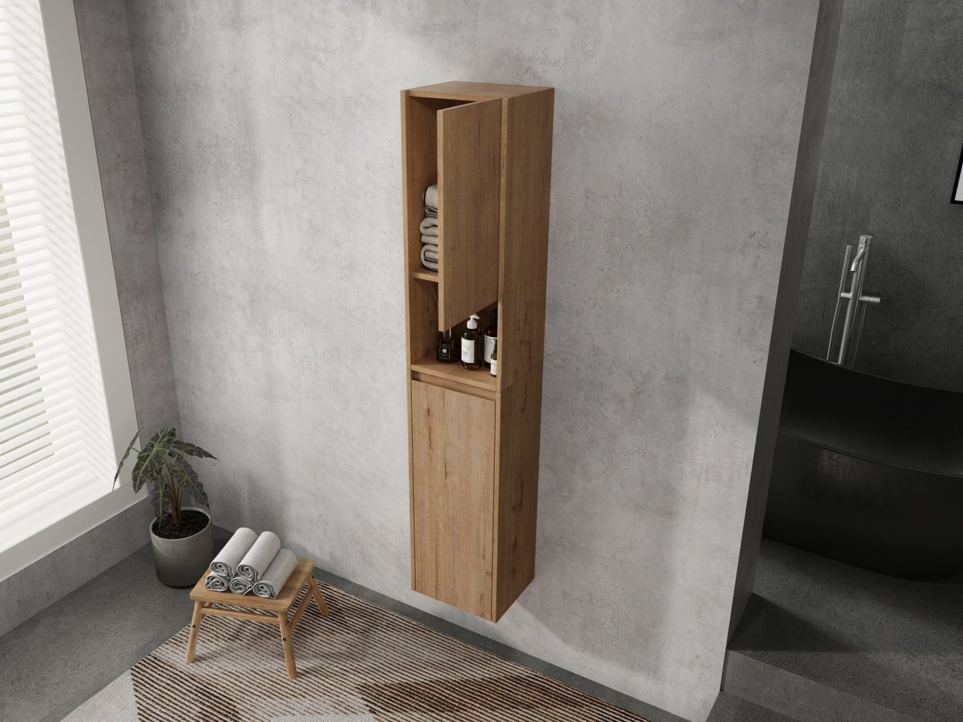 12' Bathroom Side Cabinet,Soft Close Doors,Float Mounting Design,Imitative Oak, SC00112IMO+SC00212IMO - K (KD - Packing) - 1st Choice Furniture Direct