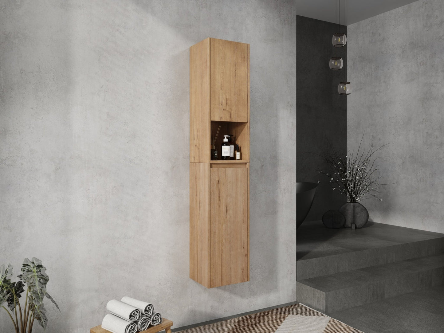 12' Bathroom Side Cabinet,Soft Close Doors,Float Mounting Design,Imitative Oak, SC00112IMO+SC00212IMO - K (KD - Packing) - 1st Choice Furniture Direct