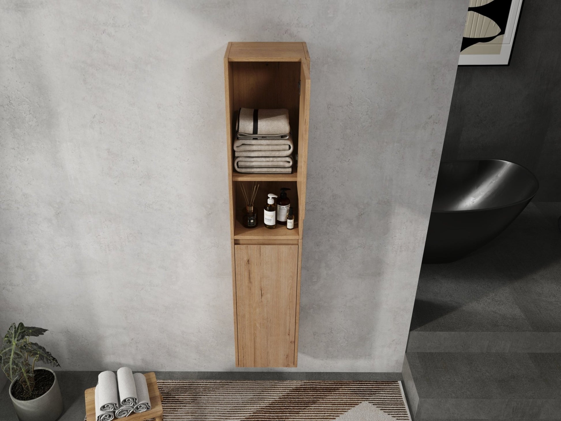 12' Bathroom Side Cabinet,Soft Close Doors,Float Mounting Design,Imitative Oak, SC00112IMO+SC00212IMO - K (KD - Packing) - 1st Choice Furniture Direct