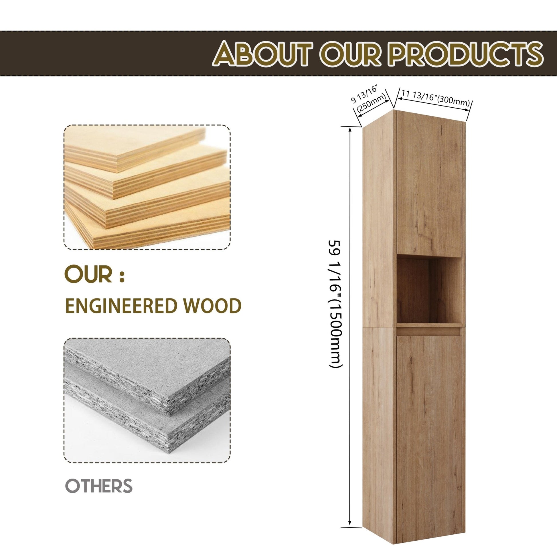 12' Bathroom Side Cabinet,Soft Close Doors,Float Mounting Design,Imitative Oak, SC00112IMO+SC00212IMO - K (KD - Packing) - 1st Choice Furniture Direct