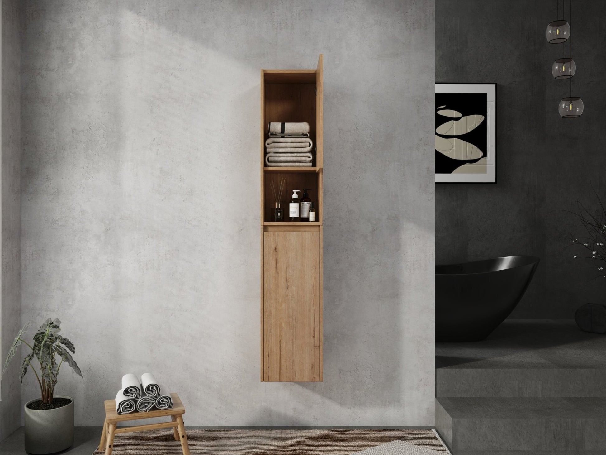 12' Bathroom Side Cabinet,Soft Close Doors,Float Mounting Design,Imitative Oak, SC00112IMO+SC00212IMO - K (KD - Packing) - 1st Choice Furniture Direct