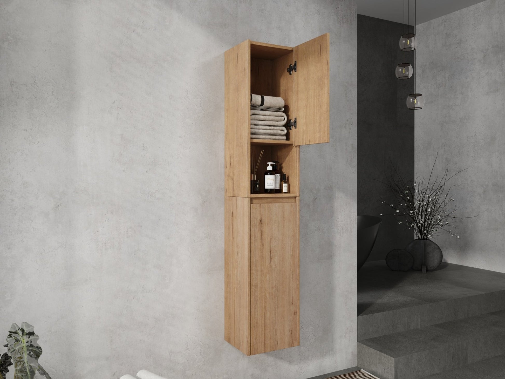 12' Bathroom Side Cabinet,Soft Close Doors,Float Mounting Design,Imitative Oak, SC00112IMO+SC00212IMO - K (KD - Packing) - 1st Choice Furniture Direct