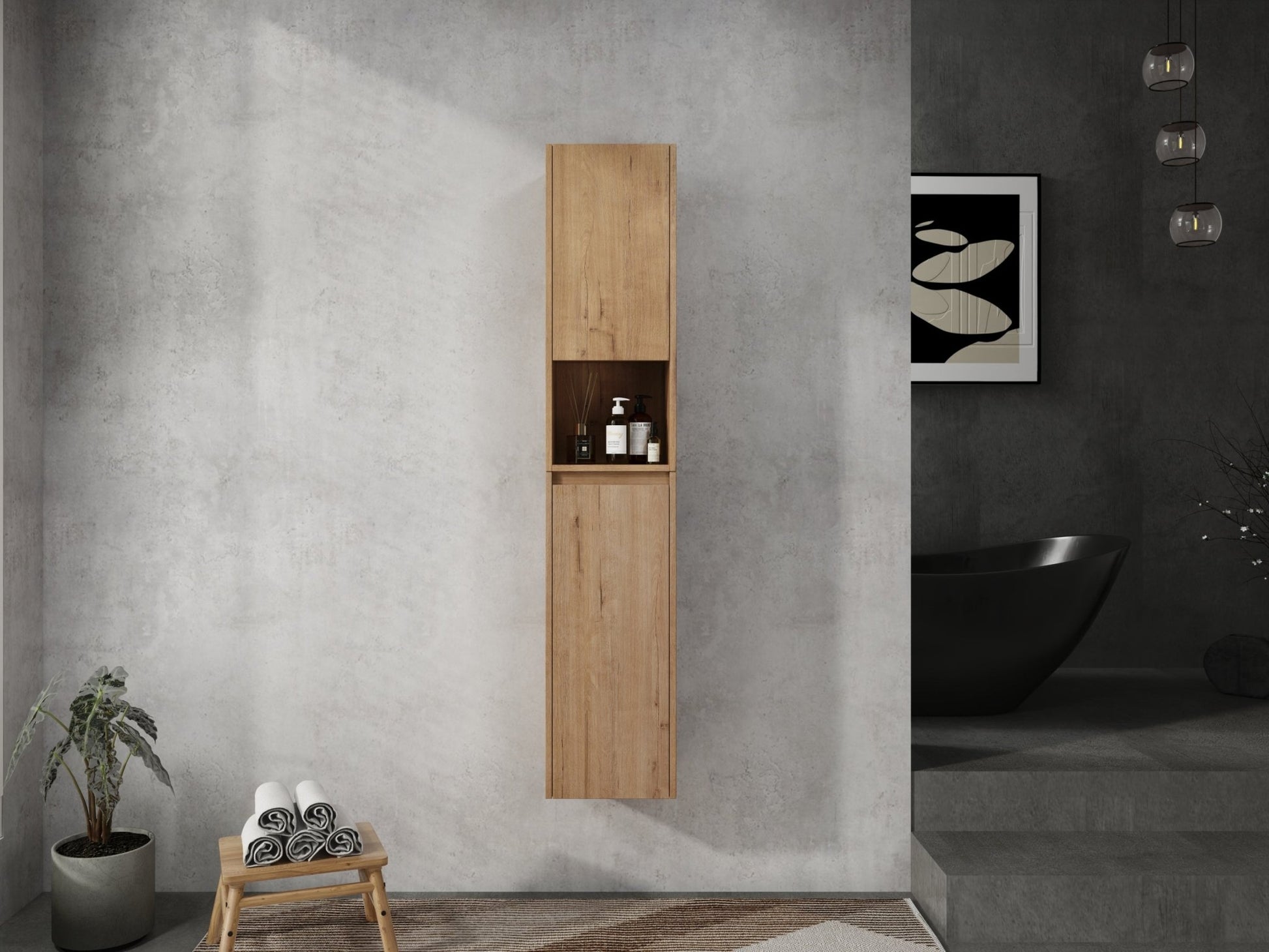 12' Bathroom Side Cabinet,Soft Close Doors,Float Mounting Design,Imitative Oak, SC00112IMO+SC00212IMO - K (KD - Packing) - 1st Choice Furniture Direct