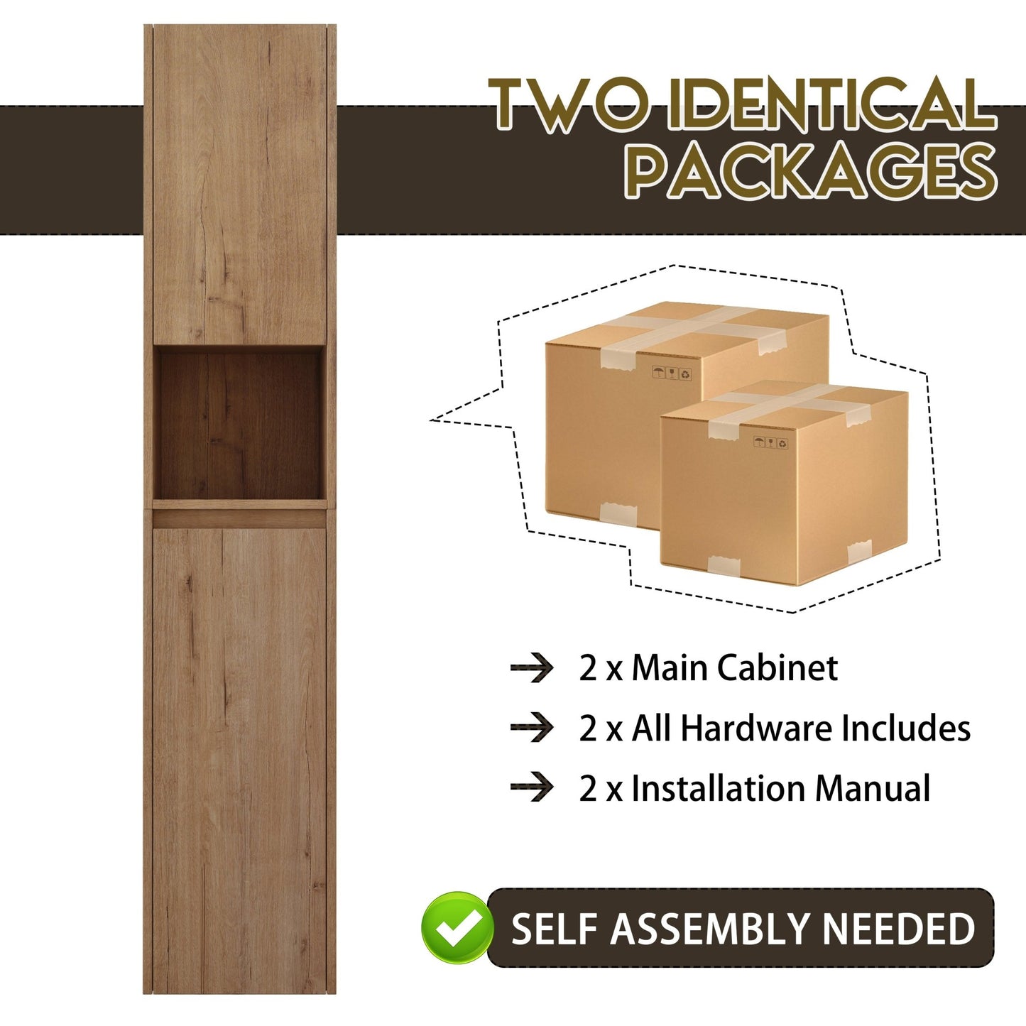 12' Bathroom Side Cabinet,Soft Close Doors,Float Mounting Design,Imitative Oak, SC00112IMO+SC00212IMO - K (KD - Packing) - 1st Choice Furniture Direct