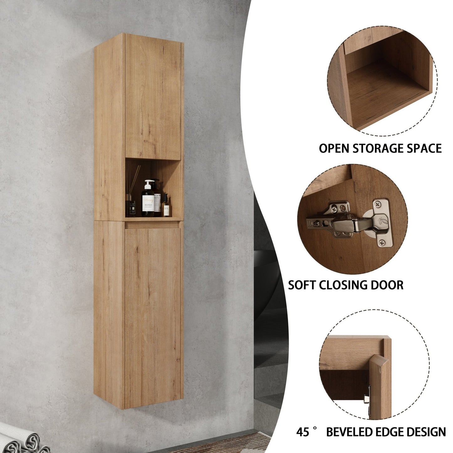 12' Bathroom Side Cabinet,Soft Close Doors,Float Mounting Design,Imitative Oak, SC00112IMO+SC00212IMO - K (KD - Packing) - 1st Choice Furniture Direct