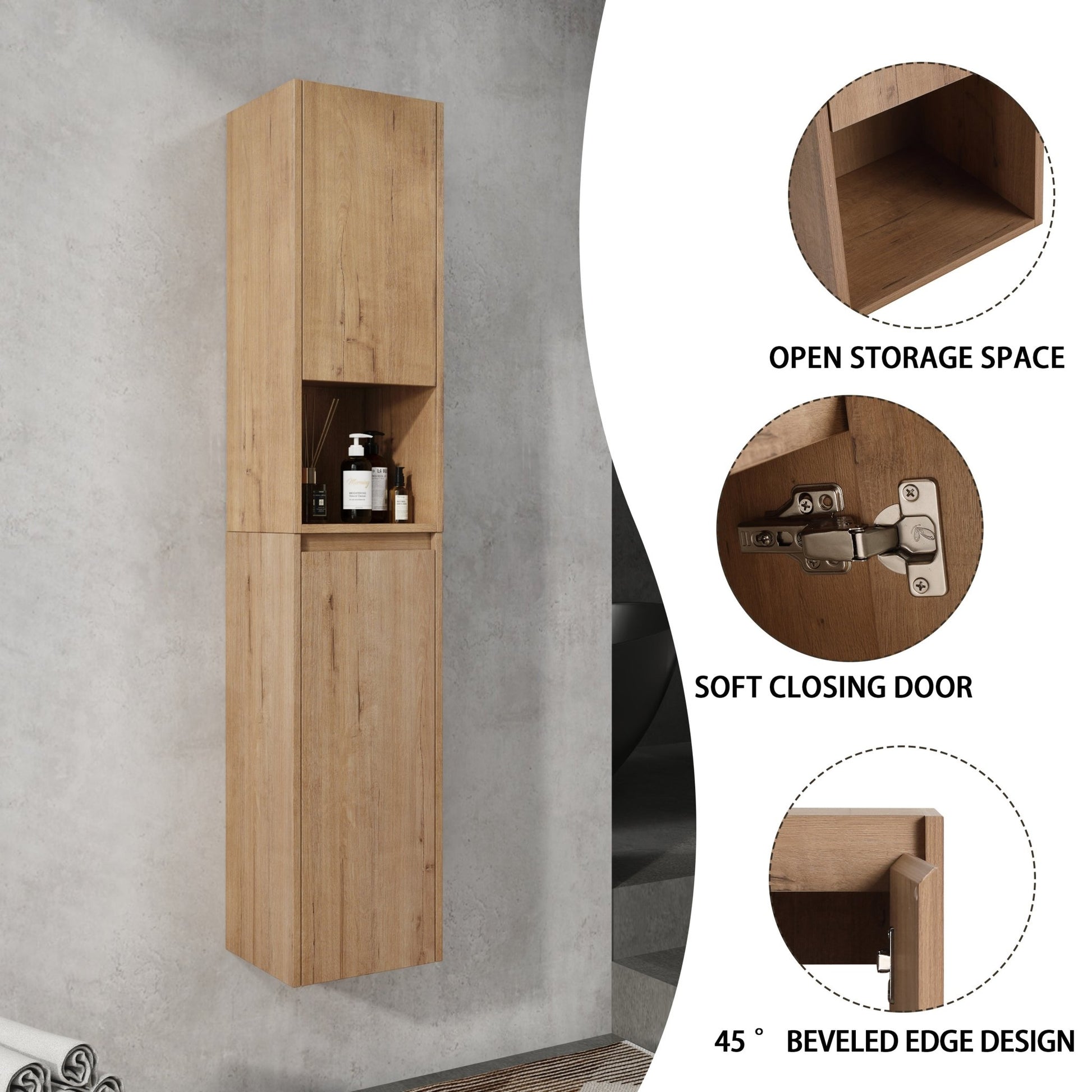 12' Bathroom Side Cabinet,Soft Close Doors,Float Mounting Design,Imitative Oak, SC00112IMO+SC00212IMO - K (KD - Packing) - 1st Choice Furniture Direct