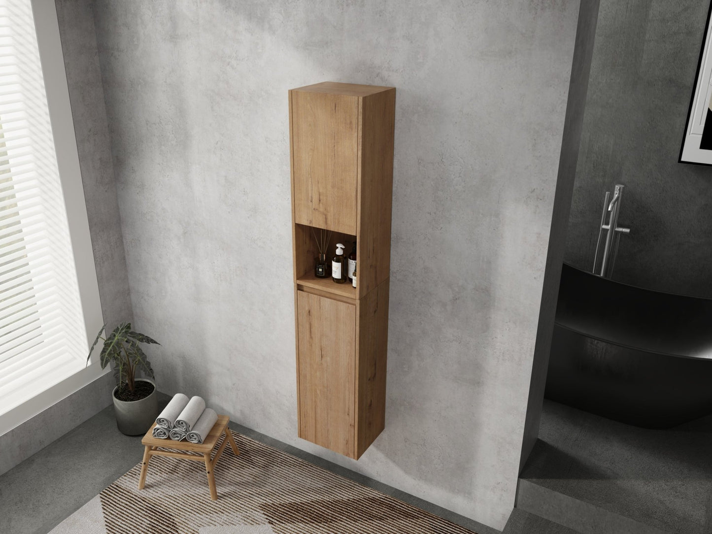 12' Bathroom Side Cabinet,Soft Close Doors,Float Mounting Design,Imitative Oak, SC00112IMO+SC00212IMO - K (KD - Packing) - 1st Choice Furniture Direct