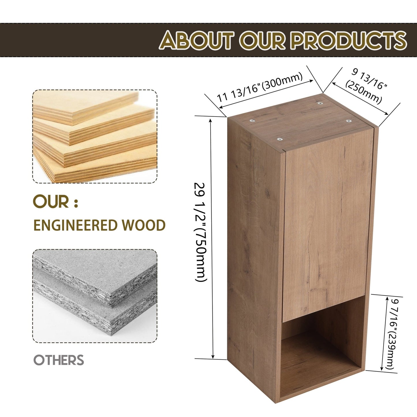 12' Bathroom Side Cabinet,Soft Close Doors,Float Mounting Design,Imitative Oak,(KD - Packing) - 1st Choice Furniture Direct