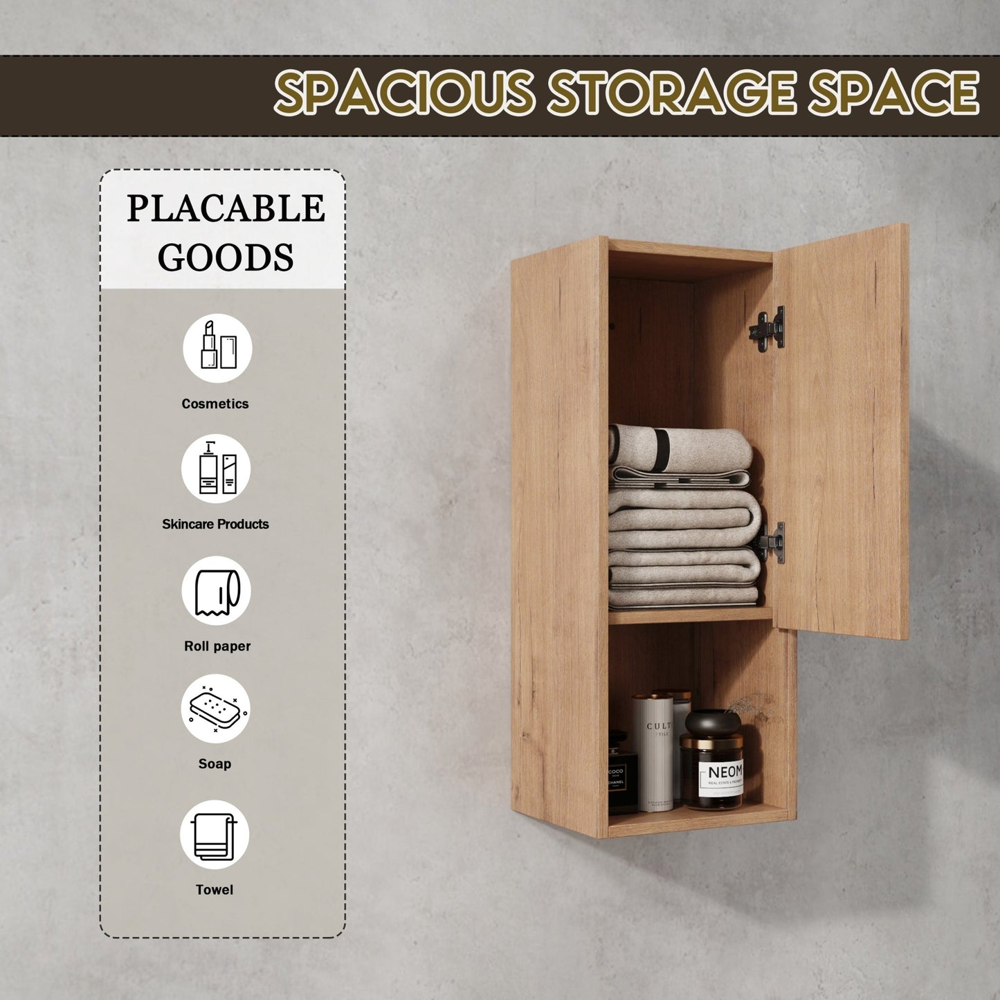 12' Bathroom Side Cabinet,Soft Close Doors,Float Mounting Design,Imitative Oak,(KD - Packing) - 1st Choice Furniture Direct