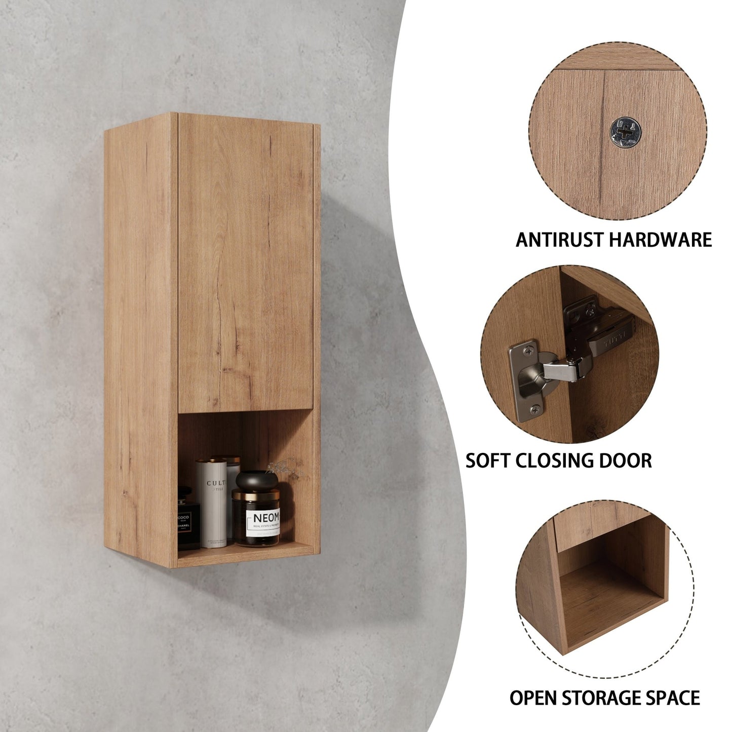12' Bathroom Side Cabinet,Soft Close Doors,Float Mounting Design,Imitative Oak,(KD - Packing) - 1st Choice Furniture Direct