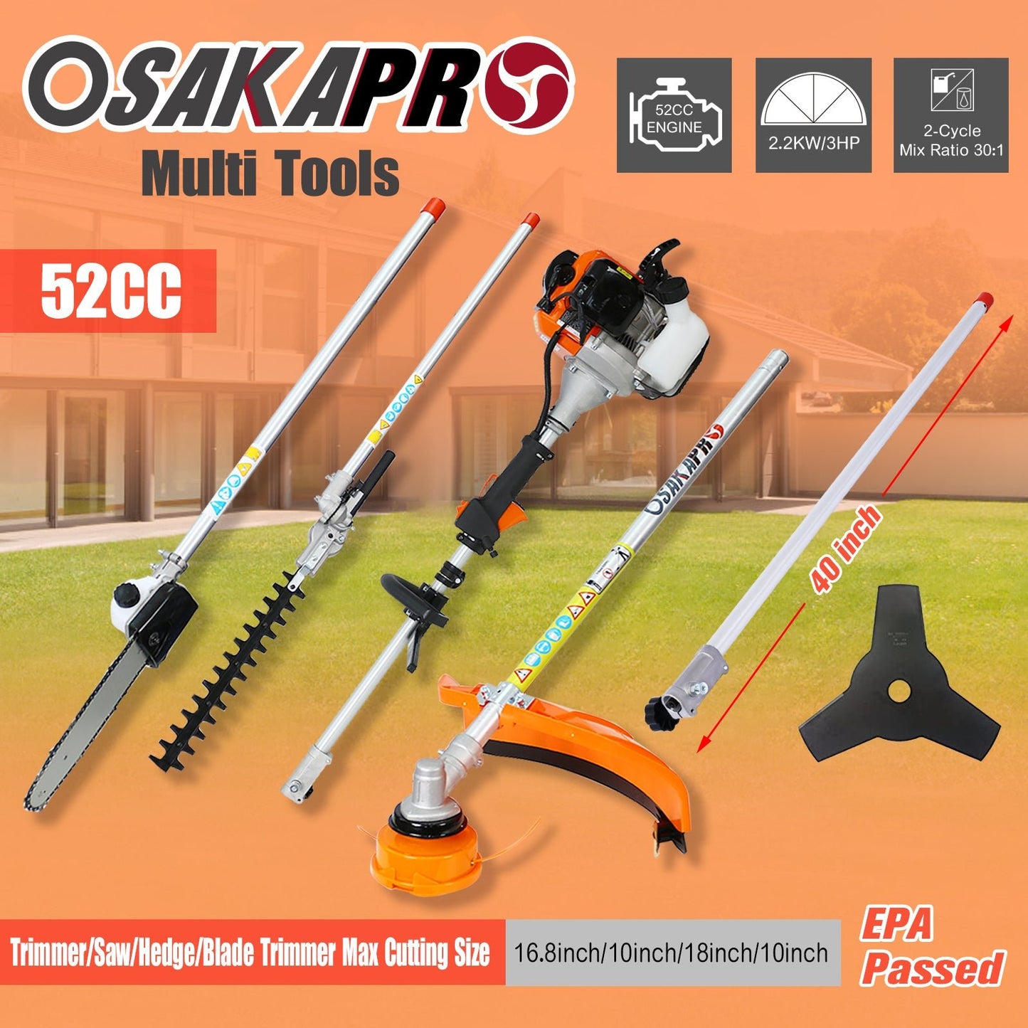 12 in 1 Multi - Functional Trimming Tool, 52CC 2 - Cycle Garden Tool System with Gas Pole Saw, Hedge Trimmer, Grass Trimmer, and Brush Cutter EPA Compliant - 1st Choice Furniture Direct