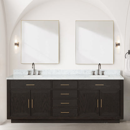 Brown Oak Double Bath Vanity 84 in. W x 22 in. D, Carrara Marble Top, and Faucet Set