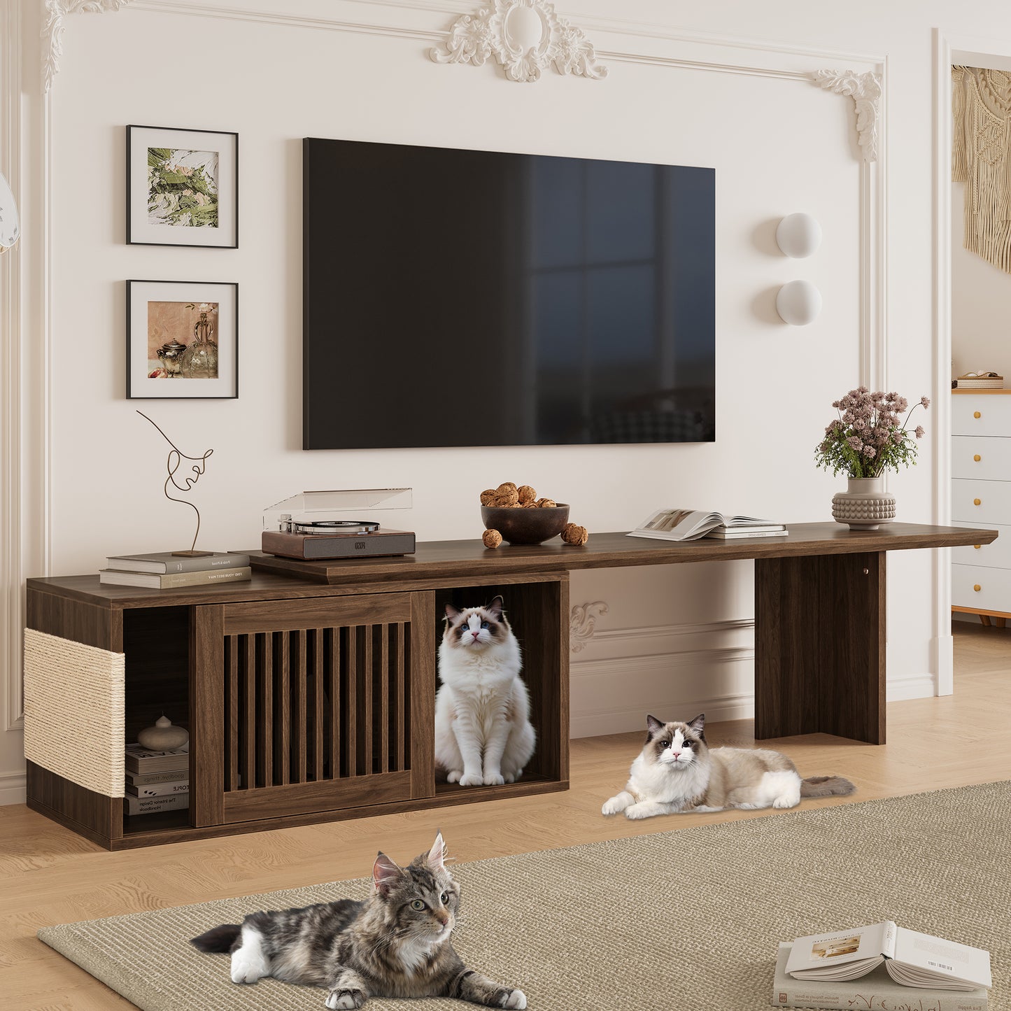 Mid-Century Modern 2 in 1 Cat Furniture 78' Extendable Walnut TV Stand (up to 100'),  Entertainment Center Litter Box Enclosure with Cat Scratcher