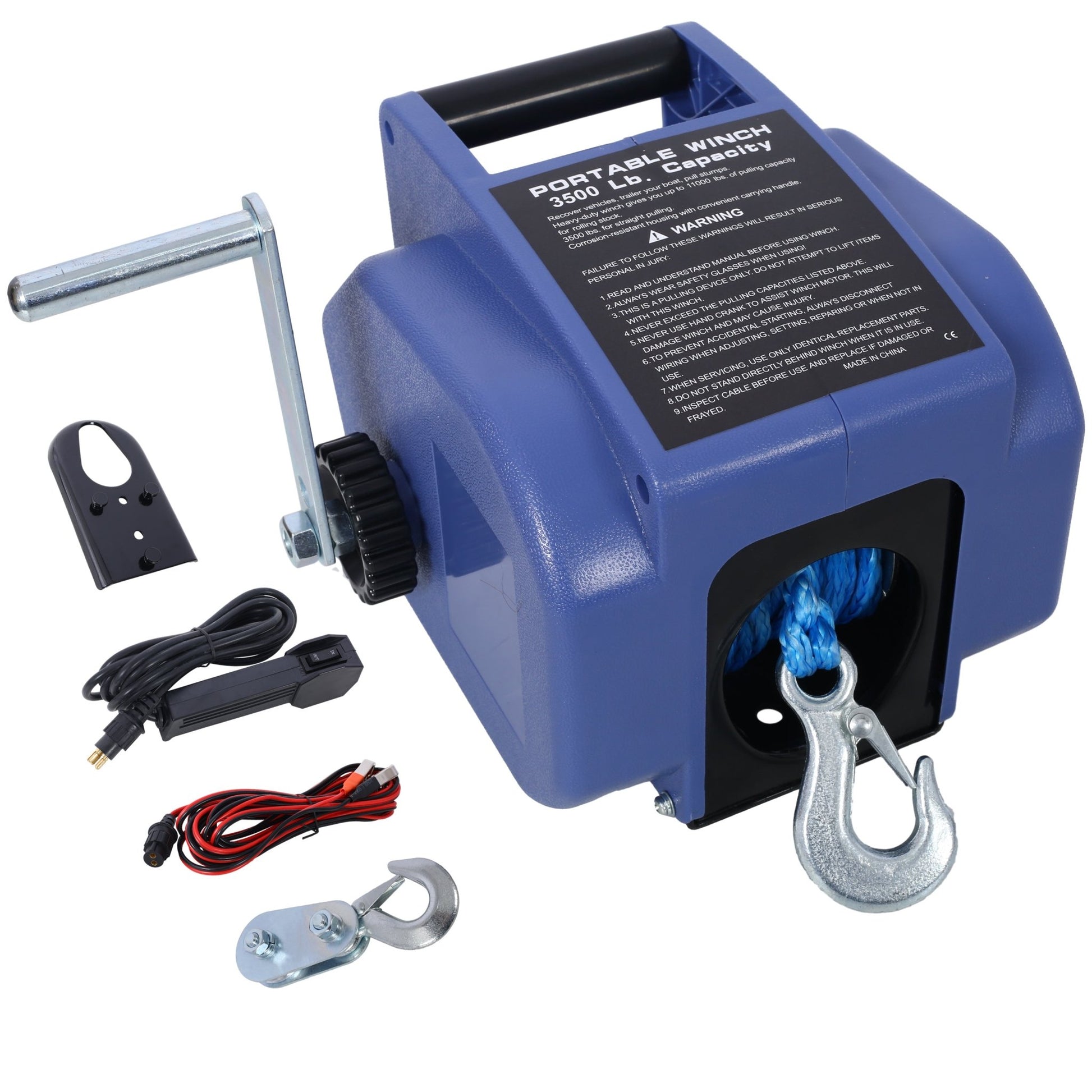 12v 3500lbs Trailer Winch,Reversible Electric Winch, for Boats up to 5000 lbs.,with synthetic rope,with extra pulley hook,power in and power out,with manual function.blue plastic casing - 1st Choice Furniture Direct