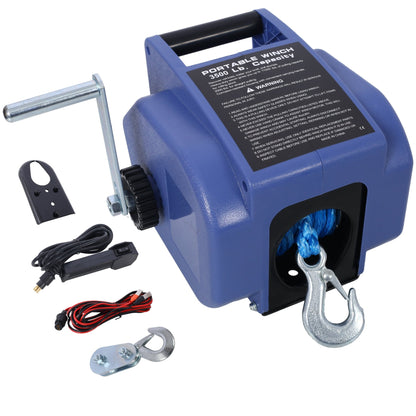 12v 3500lbs Trailer Winch,Reversible Electric Winch, for Boats up to 5000 lbs.,with synthetic rope,with extra pulley hook,power in and power out,with manual function.blue plastic casing - 1st Choice Furniture Direct