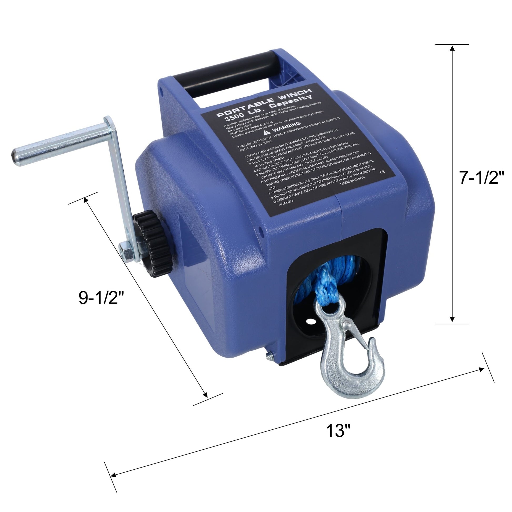 12v 3500lbs Trailer Winch,Reversible Electric Winch, for Boats up to 5000 lbs.,with synthetic rope,with extra pulley hook,power in and power out,with manual function.blue plastic casing - 1st Choice Furniture Direct