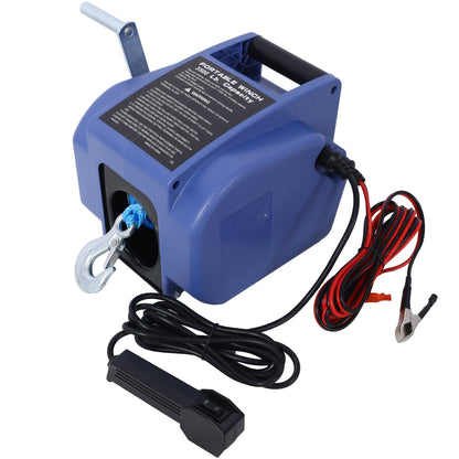 12v 3500lbs Trailer Winch,Reversible Electric Winch, for Boats up to 5000 lbs.,with synthetic rope,with extra pulley hook,power in and power out,with manual function.blue plastic casing - 1st Choice Furniture Direct