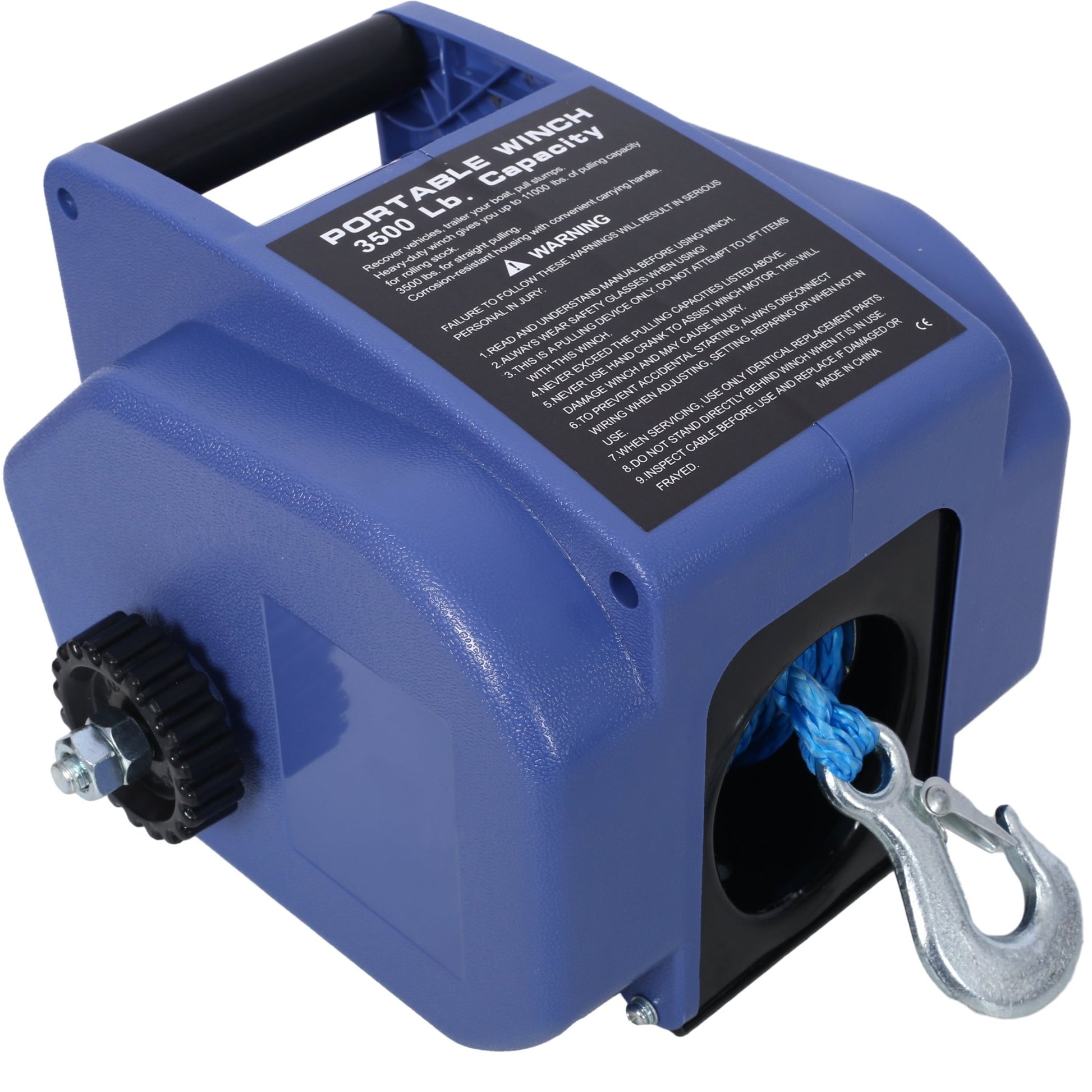 12v 3500lbs Trailer Winch,Reversible Electric Winch, for Boats up to 5000 lbs.,with synthetic rope,with extra pulley hook,power in and power out,with manual function.blue plastic casing - 1st Choice Furniture Direct