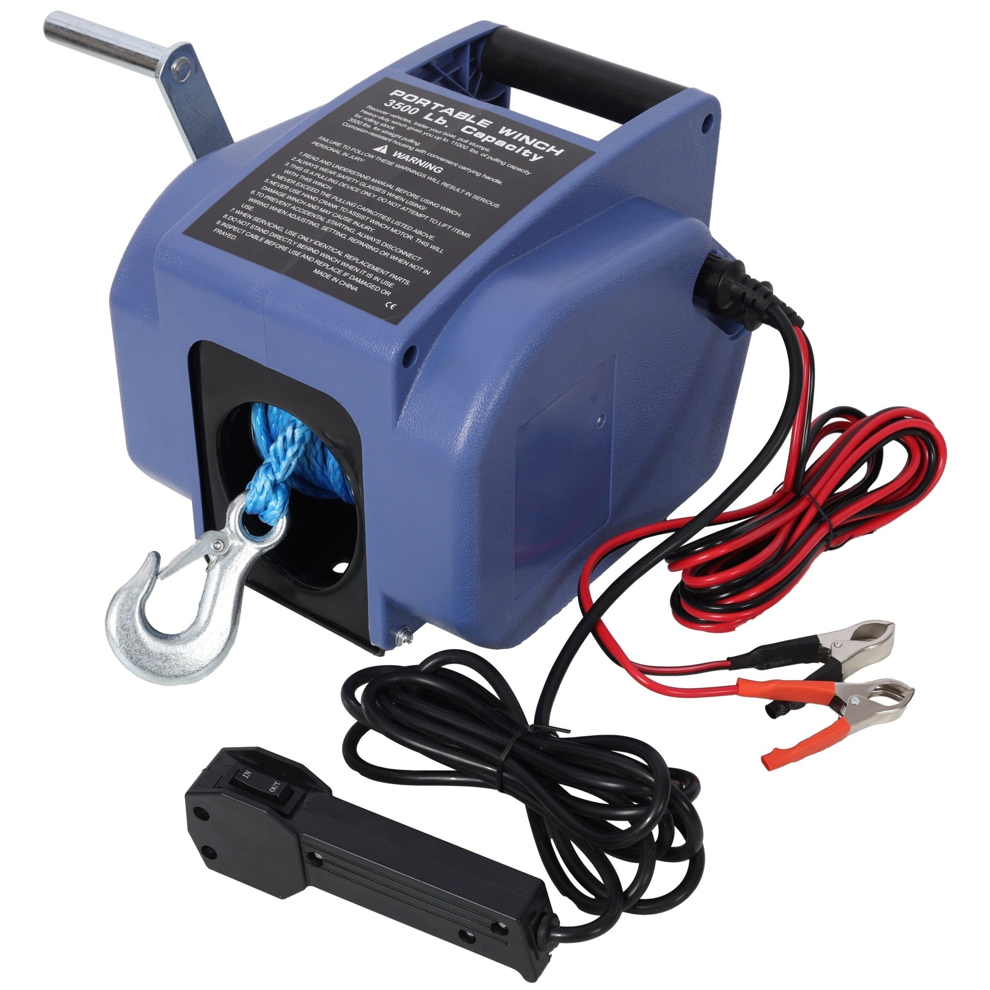 12v 3500lbs Trailer Winch,Reversible Electric Winch, for Boats up to 5000 lbs.,with synthetic rope,with extra pulley hook,power in and power out,with manual function.blue plastic casing - 1st Choice Furniture Direct