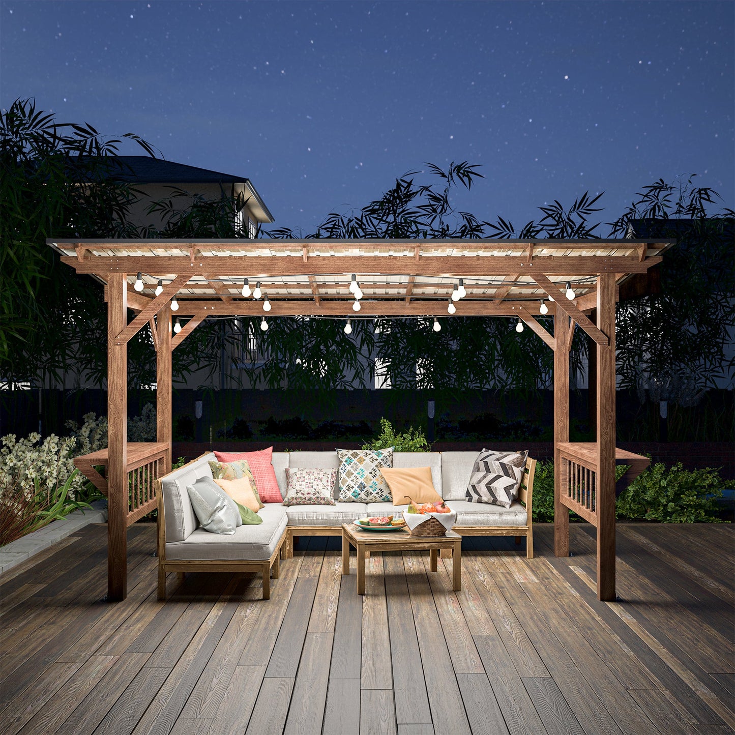 13’ Wooden Grill Gazebo Pergola with Metal Roof & Bar Counters | Outdoor BBQ Shelter with Lights - 1st Choice Furniture Direct