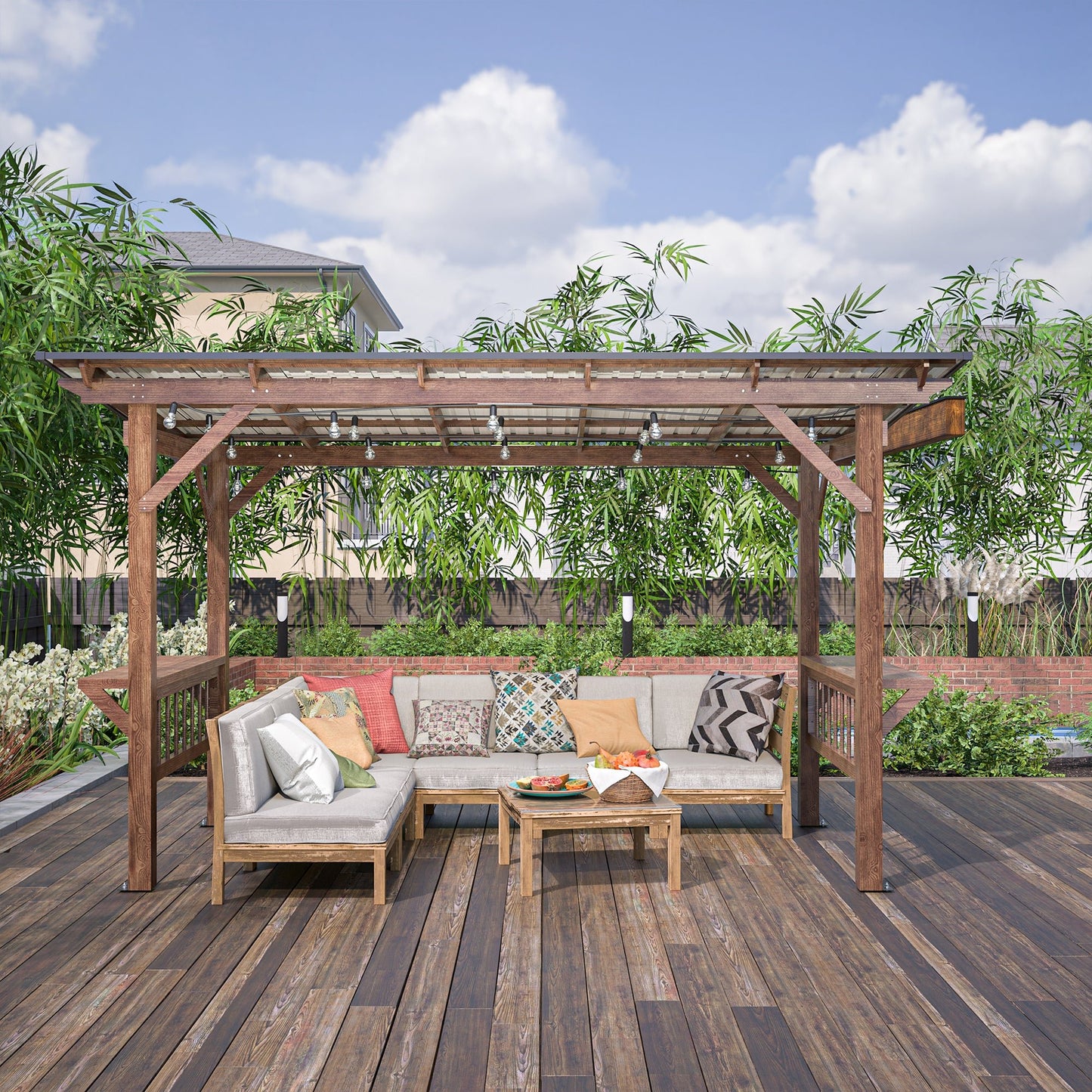13’ Wooden Grill Gazebo Pergola with Metal Roof & Bar Counters | Outdoor BBQ Shelter with Lights - 1st Choice Furniture Direct