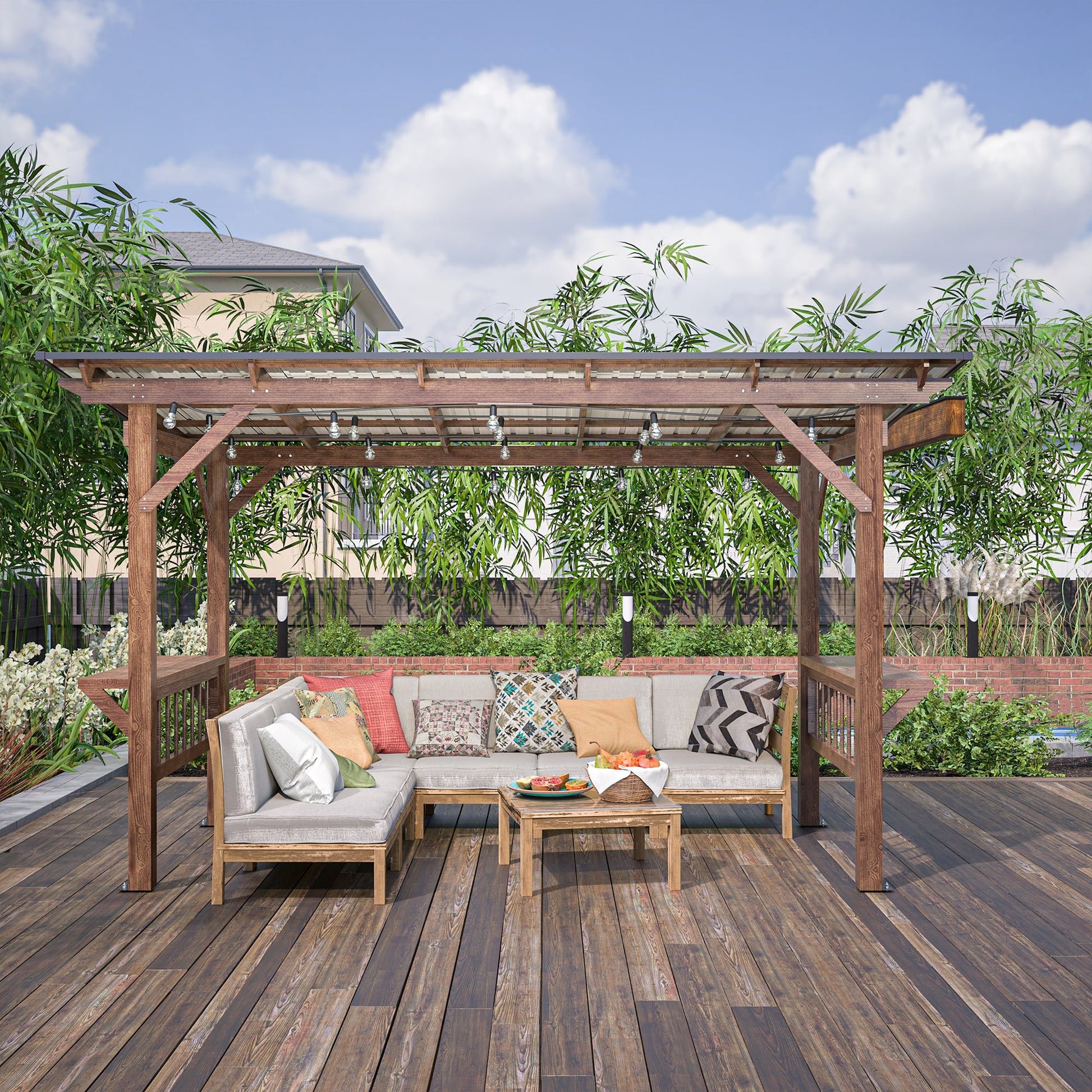 13’ Wooden Grill Gazebo Pergola with Metal Roof & Bar Counters | Outdoor BBQ Shelter with Lights - 1st Choice Furniture Direct