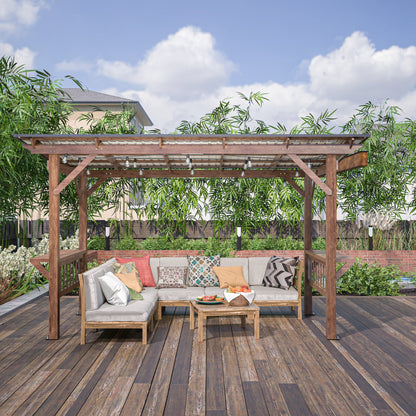 13’ Wooden Grill Gazebo Pergola with Metal Roof & Bar Counters | Outdoor BBQ Shelter with Lights - 1st Choice Furniture Direct