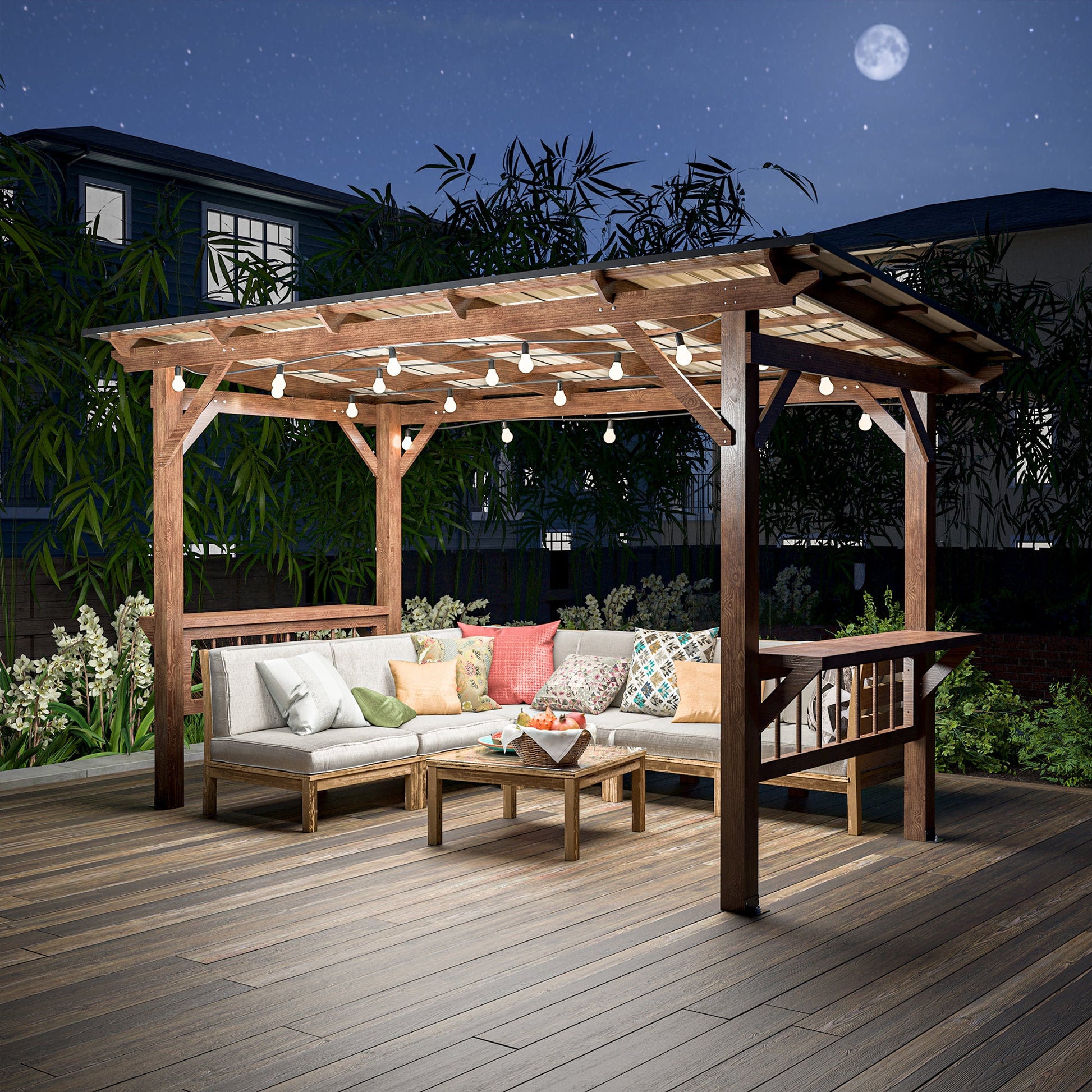 13’ Wooden Grill Gazebo Pergola with Metal Roof & Bar Counters | Outdoor BBQ Shelter with Lights - 1st Choice Furniture Direct