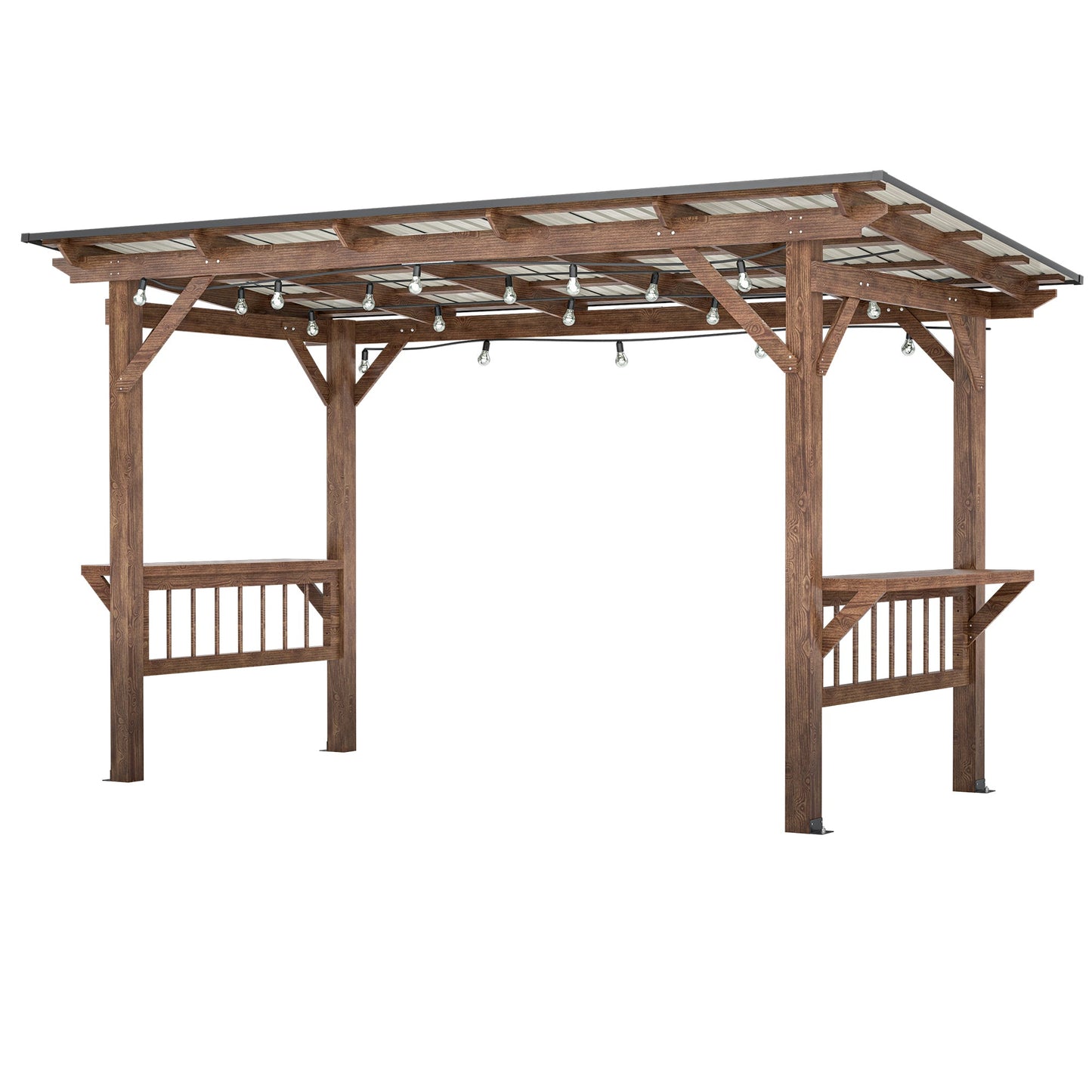 13’ Wooden Grill Gazebo Pergola with Metal Roof & Bar Counters | Outdoor BBQ Shelter with Lights - 1st Choice Furniture Direct