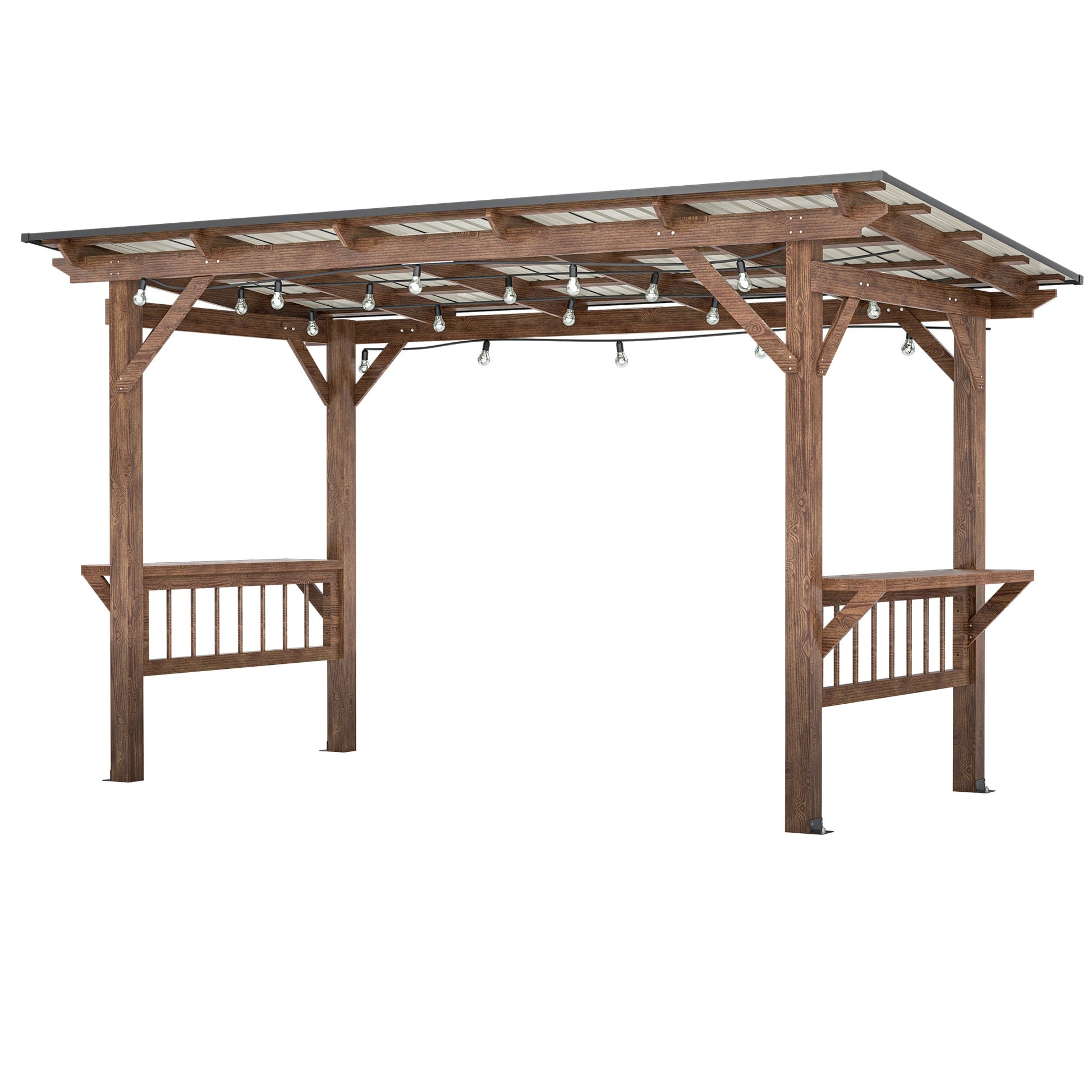 13’ Wooden Grill Gazebo Pergola with Metal Roof & Bar Counters | Outdoor BBQ Shelter with Lights - 1st Choice Furniture Direct