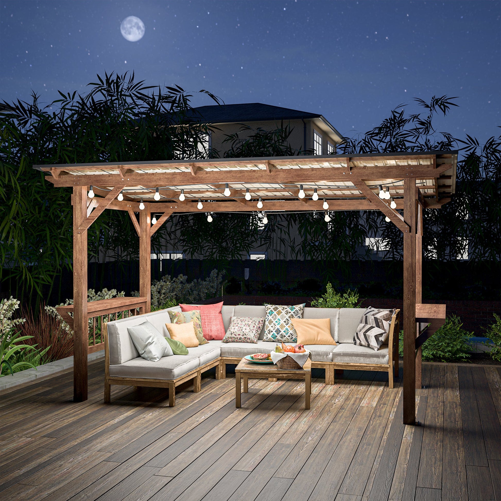 13’ Wooden Grill Gazebo Pergola with Metal Roof & Bar Counters | Outdoor BBQ Shelter with Lights - 1st Choice Furniture Direct