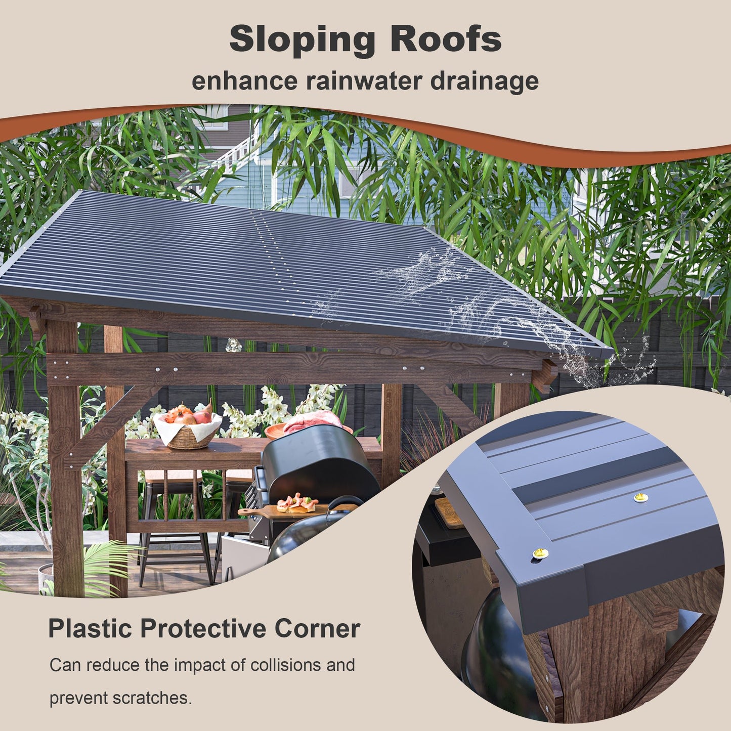13’ Wooden Grill Gazebo Pergola with Metal Roof & Bar Counters | Outdoor BBQ Shelter with Lights - 1st Choice Furniture Direct