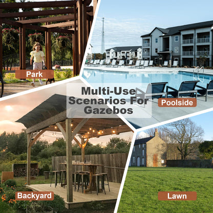 13’ Wooden Grill Gazebo Pergola with Metal Roof & Bar Counters | Outdoor BBQ Shelter with Lights - 1st Choice Furniture Direct