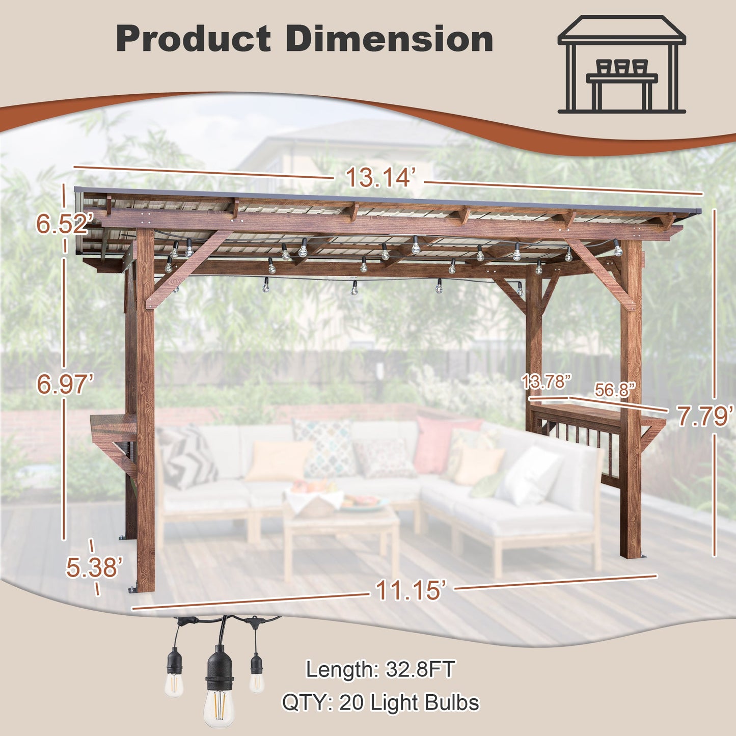 13’ Wooden Grill Gazebo Pergola with Metal Roof & Bar Counters | Outdoor BBQ Shelter with Lights - 1st Choice Furniture Direct