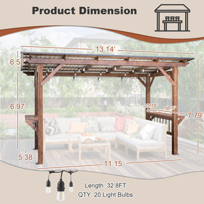 13’ Wooden Grill Gazebo Pergola with Metal Roof & Bar Counters | Outdoor BBQ Shelter with Lights - 1st Choice Furniture Direct