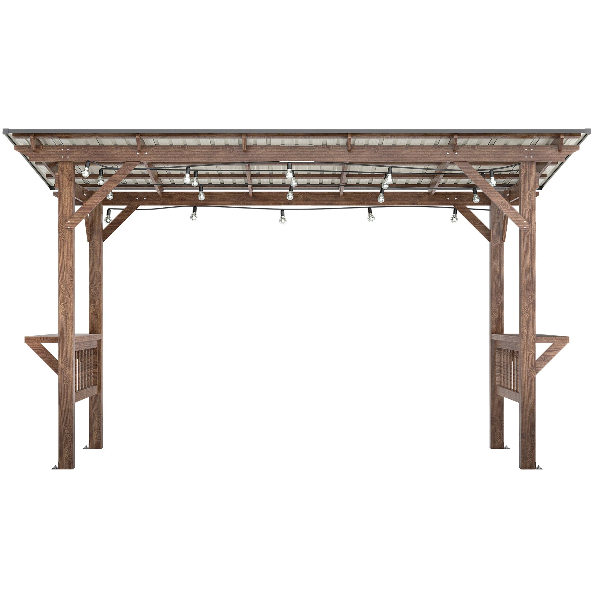 13’ Wooden Grill Gazebo Pergola with Metal Roof & Bar Counters | Outdoor BBQ Shelter with Lights - 1st Choice Furniture Direct