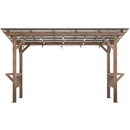 13’ Wooden Grill Gazebo Pergola with Metal Roof & Bar Counters | Outdoor BBQ Shelter with Lights - 1st Choice Furniture Direct