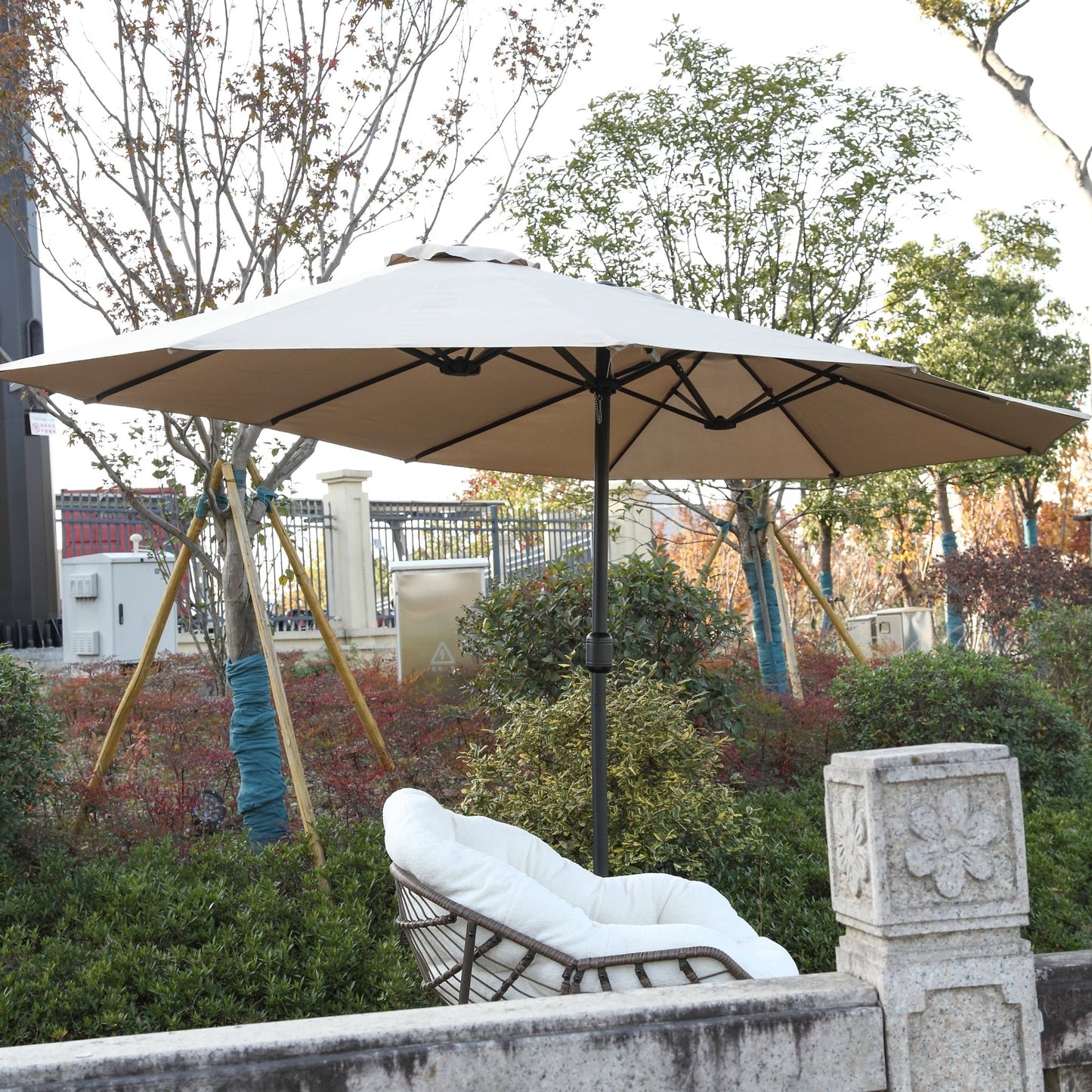 14.8 Ft Double Sided Outdoor Umbrella Rectangular Large with Crank ( khaki )(No Base) - 1st Choice Furniture Direct