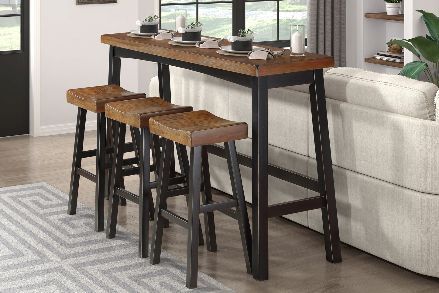 Transitional 4-Piece Pub Height Set, Table and Bar Stools Black and Brown Finish Solid Rubberwood Furniture