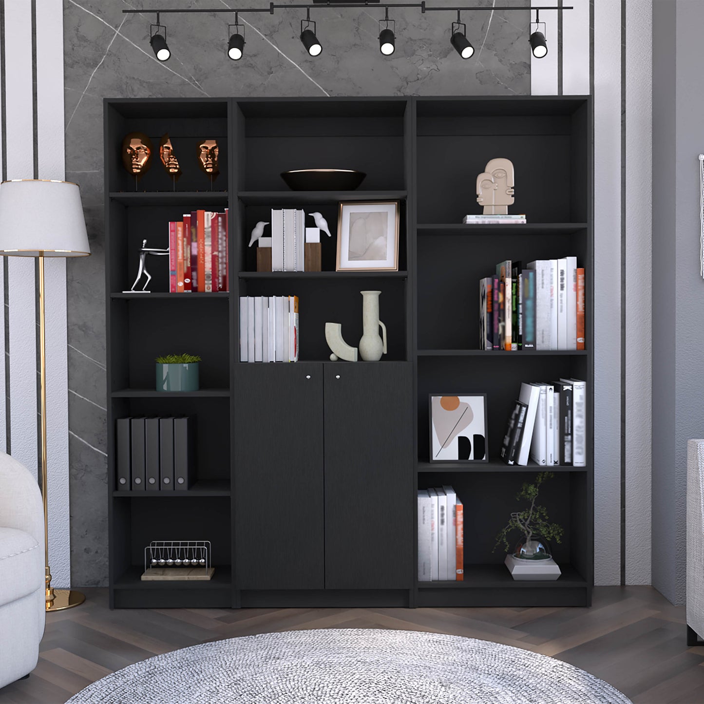 Poole 3 Piece Home Bookcase set, 67' Wide with 12 Shelves and Two-Door Cabinet ,  Living Room Set Set  Black